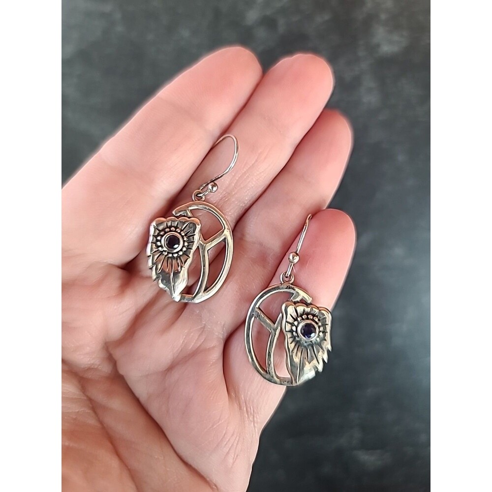 925 Sterling Silver Garnet Floral Dangling Pierced Earrings Vintage